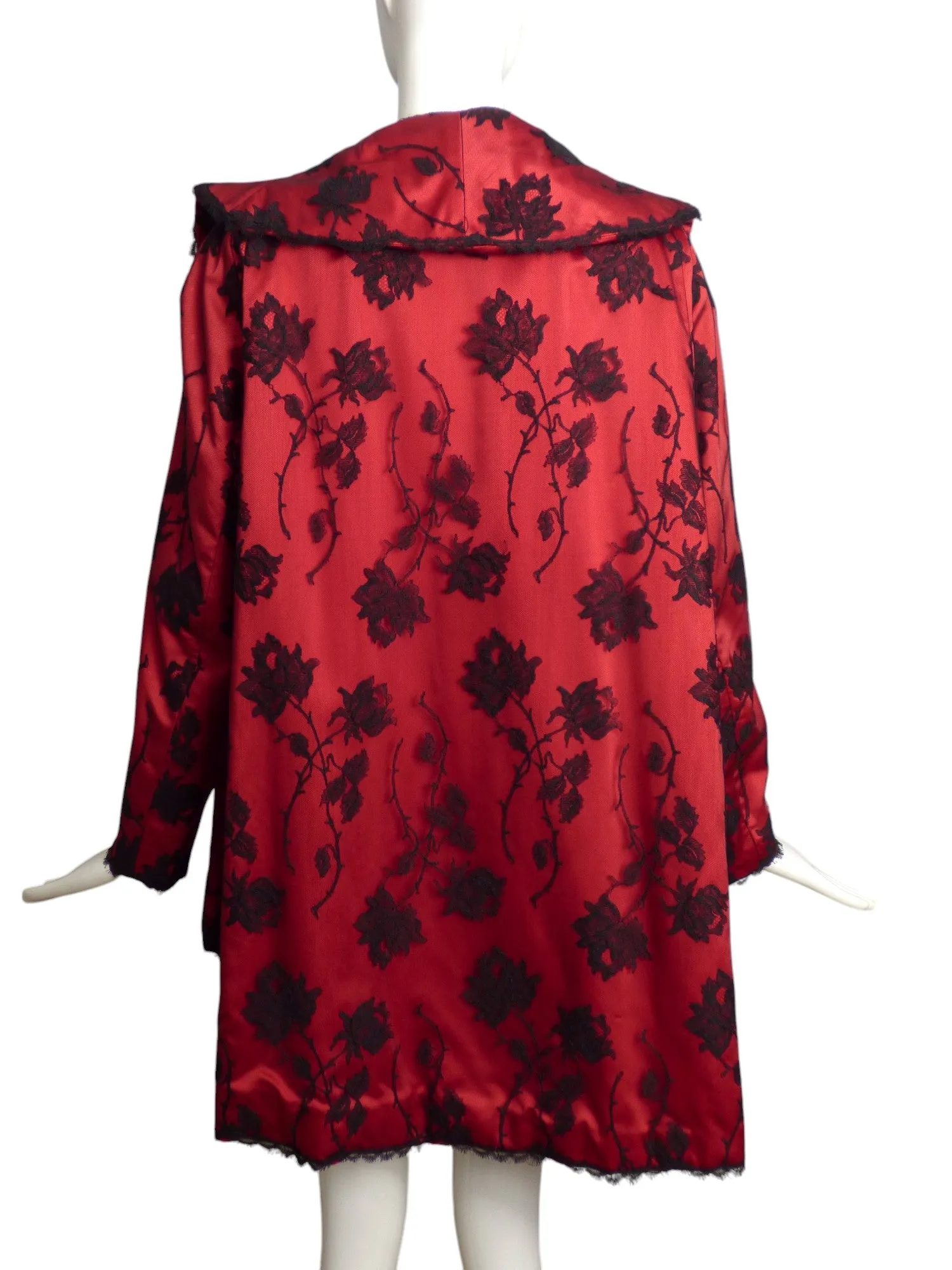 1960s Red Silk & Black Lace Coat, Size 8