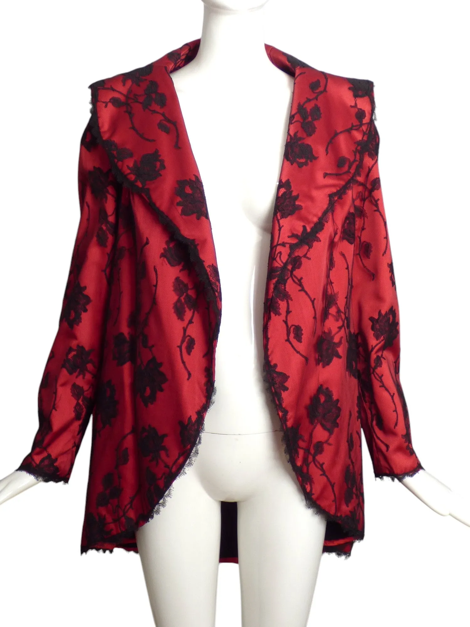 1960s Red Silk & Black Lace Coat, Size 8