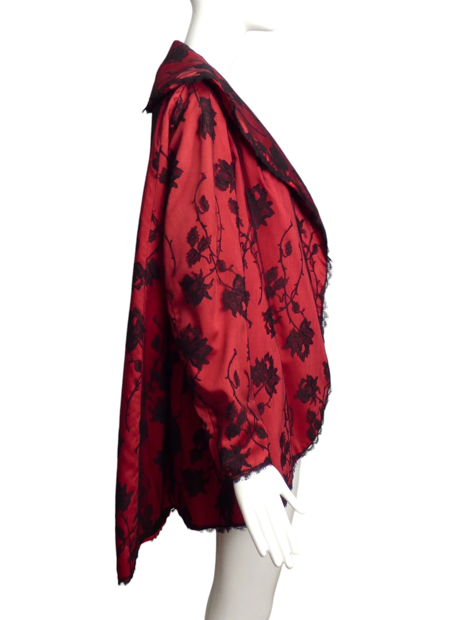 1960s Red Silk & Black Lace Coat, Size 8
