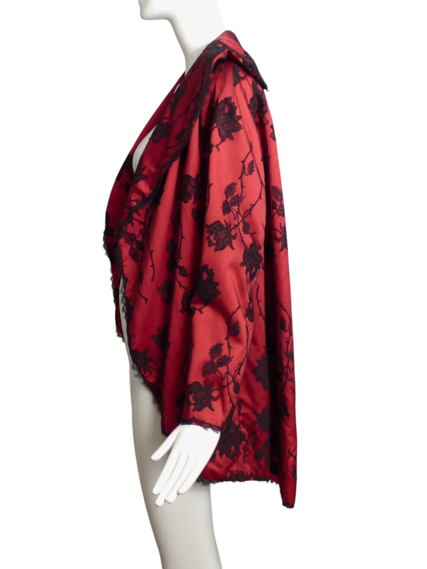 1960s Red Silk & Black Lace Coat, Size 8