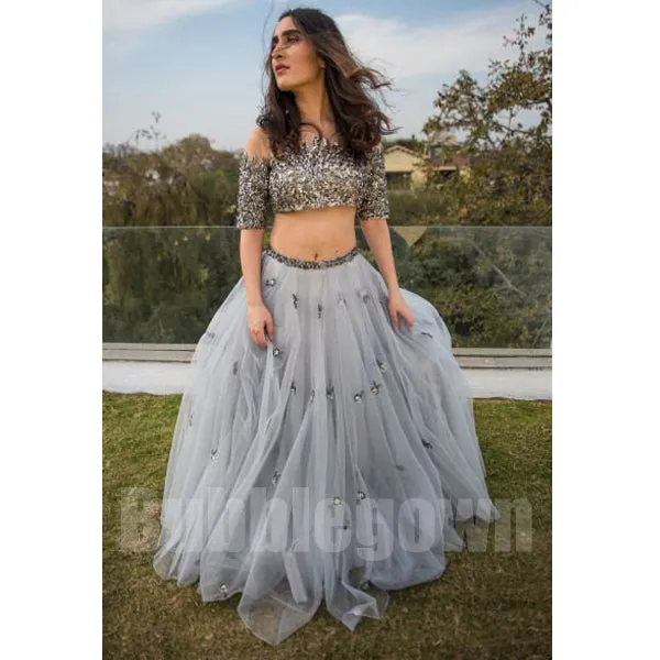 2 Piece Short Sleeves Beaded Charming Affordable Long Prom Dresses, BGP044