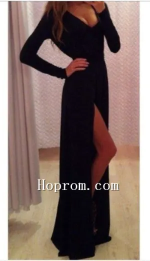 2020 Long Sleeve Side Slit Black Prom Dress Evening Dresses