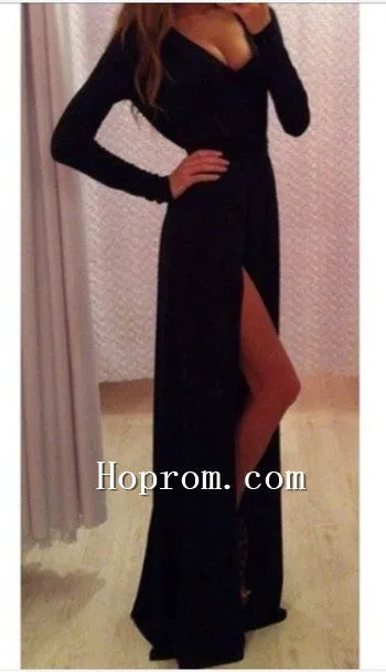 2020 Long Sleeve Side Slit Black Prom Dress Evening Dresses