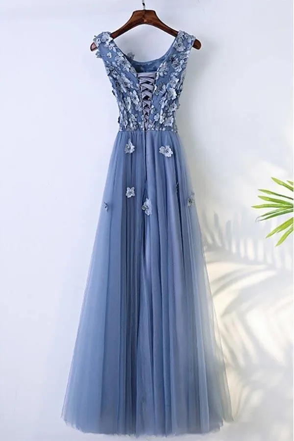 A-line Blue Flower Prom Dress Long Evening Dress With Flower Petals  TD005