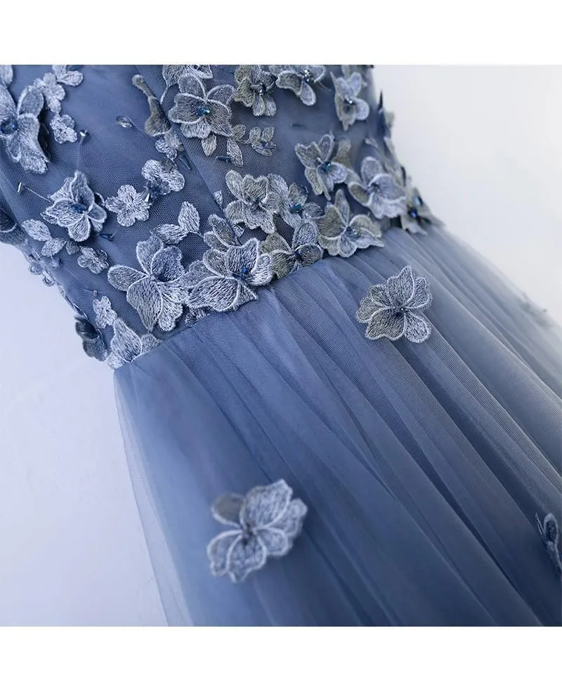 A-line Blue Flower Prom Dress Long Evening Dress With Flower Petals  TD005