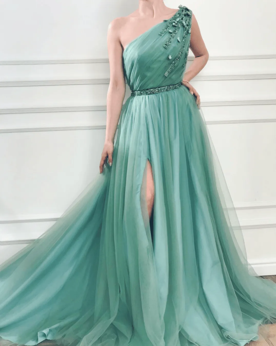 A-line One Shoulder Jungle Tulle Split Prom Formal Dresses With Beading TP0846
