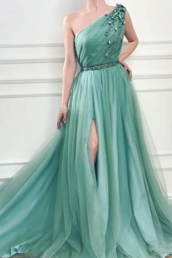 A-line One Shoulder Jungle Tulle Split Prom Formal Dresses With Beading TP0846