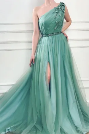 A-line One Shoulder Jungle Tulle Split Prom Formal Dresses With Beading TP0846