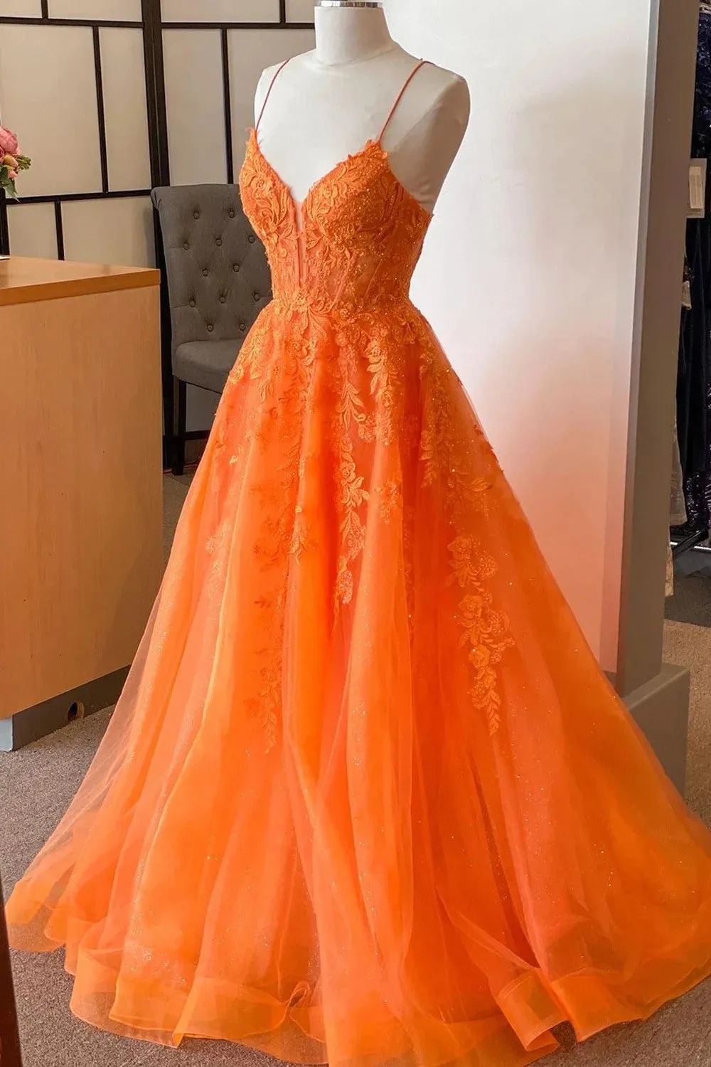 A Line Spaghetti Straps Orange Corset Prom Dress with Appliques TP1269