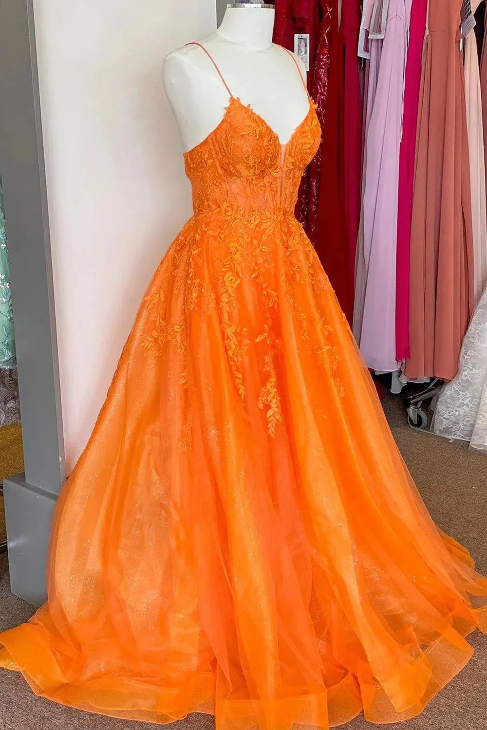 A Line Spaghetti Straps Orange Corset Prom Dress with Appliques TP1269