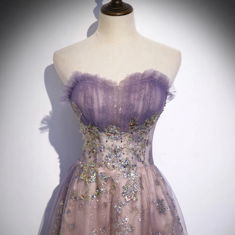 A-Line Sweetheart Tulle Long Prom Dress With Appliques, Evening Dress YZ211016