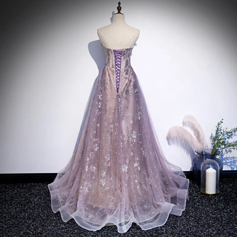 A-Line Sweetheart Tulle Long Prom Dress With Appliques, Evening Dress YZ211016