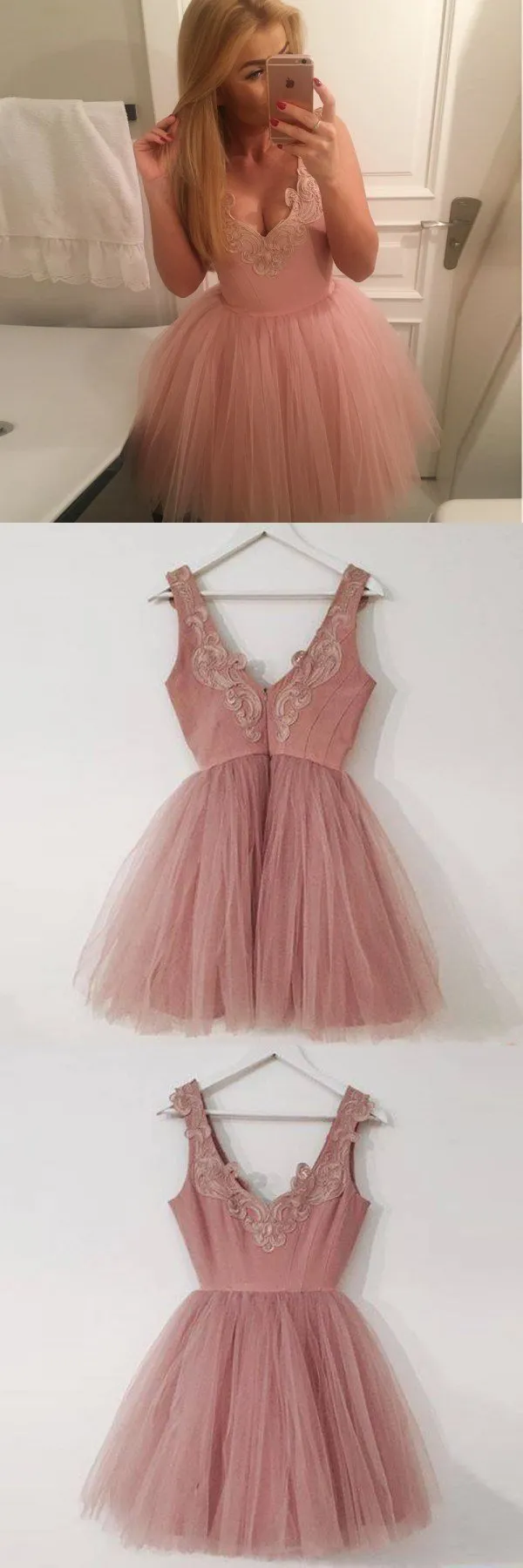 A-Line V-Neck Short Blush Appliques Homecoming Dress , Short Bridesmaid Dresses, WG102