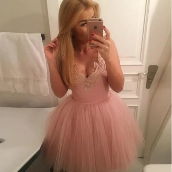 A-Line V-Neck Short Blush Appliques Homecoming Dress , Short Bridesmaid Dresses, WG102