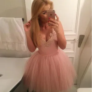 A-Line V-Neck Short Blush Appliques Homecoming Dress , Short Bridesmaid Dresses, WG102