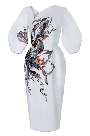 AMARYLLIS FLOWERS-PAINTED VOLUMINOUS SLEEVE WHITE DRESS