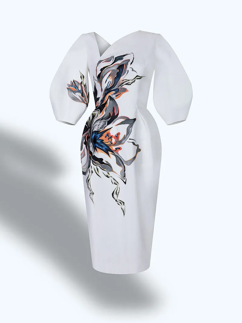 AMARYLLIS FLOWERS-PAINTED VOLUMINOUS SLEEVE WHITE DRESS