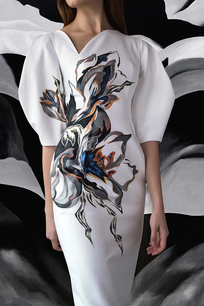 AMARYLLIS FLOWERS-PAINTED VOLUMINOUS SLEEVE WHITE DRESS
