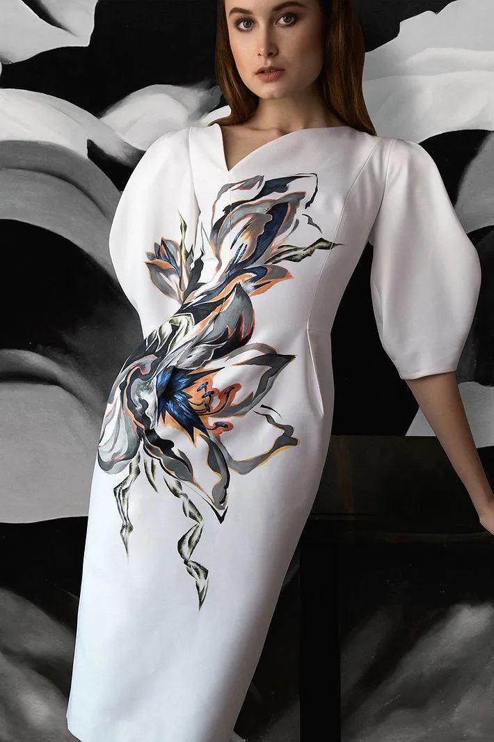 AMARYLLIS FLOWERS-PAINTED VOLUMINOUS SLEEVE WHITE DRESS