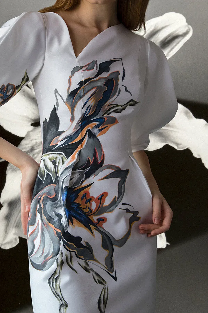 AMARYLLIS FLOWERS-PAINTED VOLUMINOUS SLEEVE WHITE DRESS