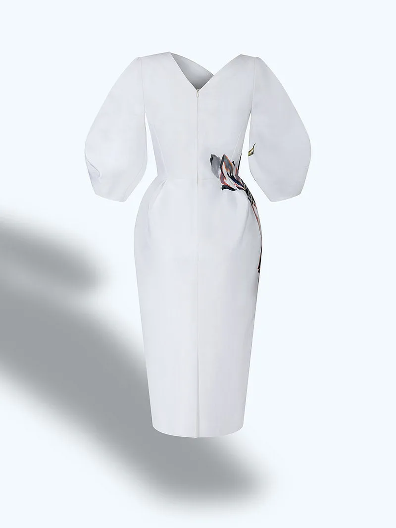 AMARYLLIS FLOWERS-PAINTED VOLUMINOUS SLEEVE WHITE DRESS