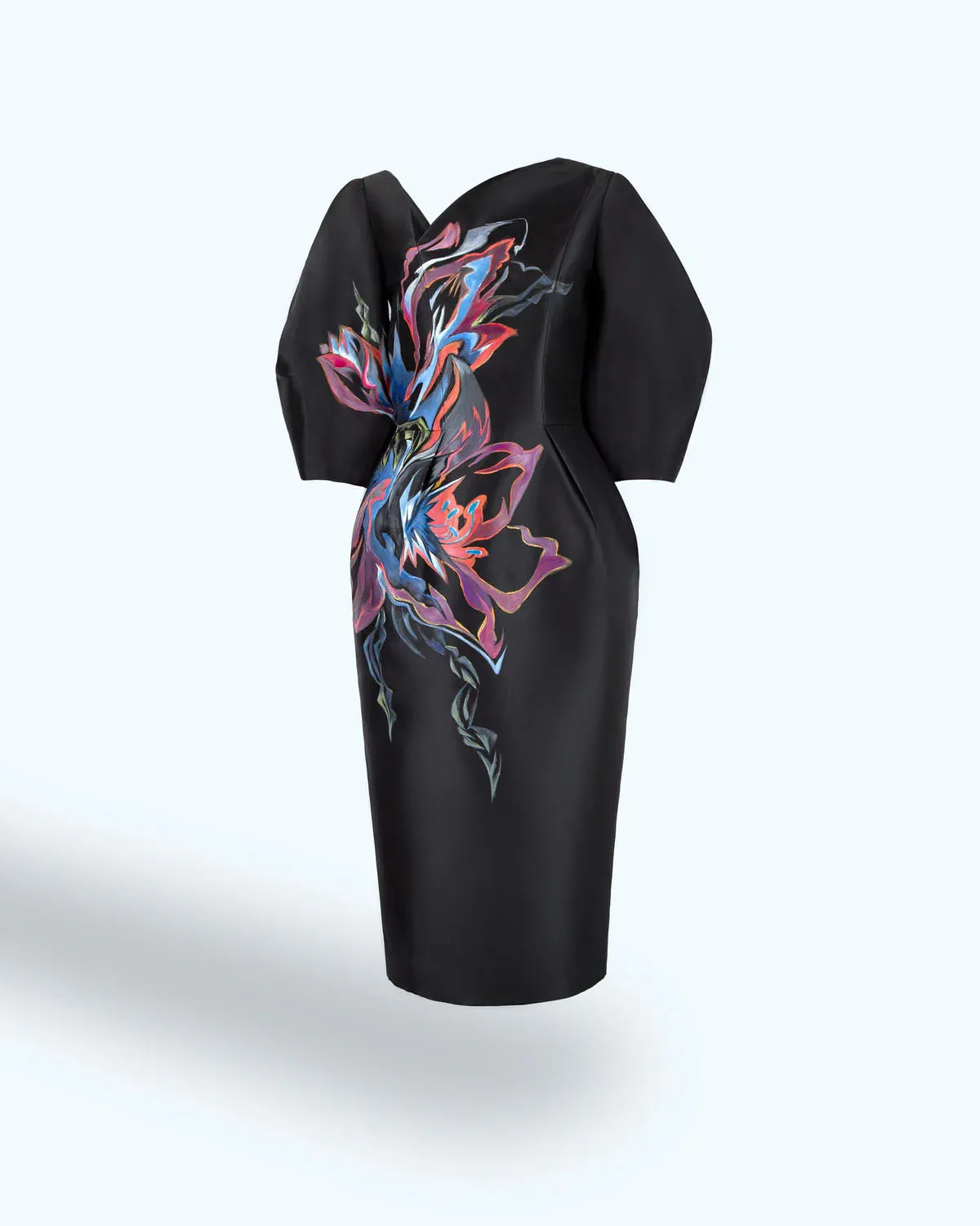 AMARYLLIS FLOWERS-PAINTED VOLUMINOUS SLEEVE WHITE DRESS
