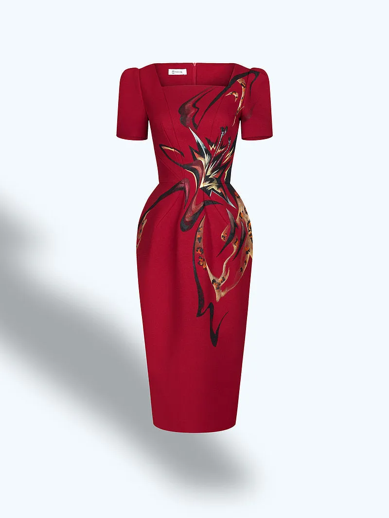 AMARYLLIS X LEOPARD-PAINTED RED MIDI DRESS
