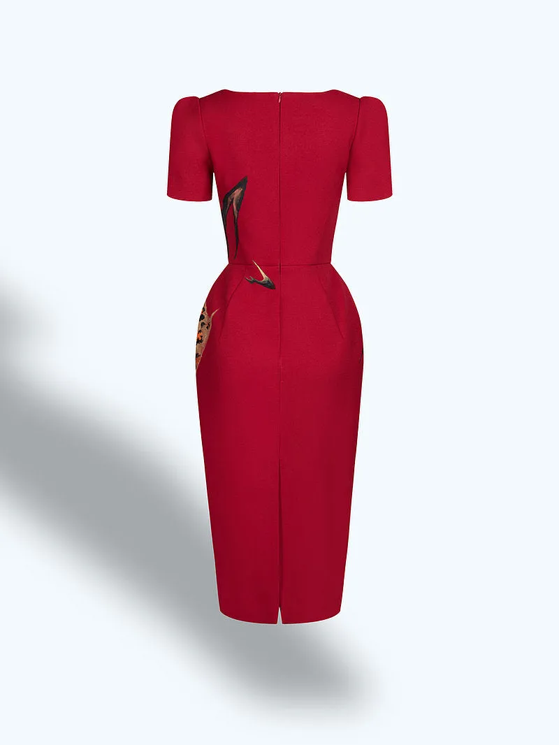 AMARYLLIS X LEOPARD-PAINTED RED MIDI DRESS