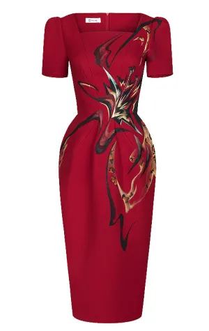 AMARYLLIS X LEOPARD-PAINTED RED MIDI DRESS