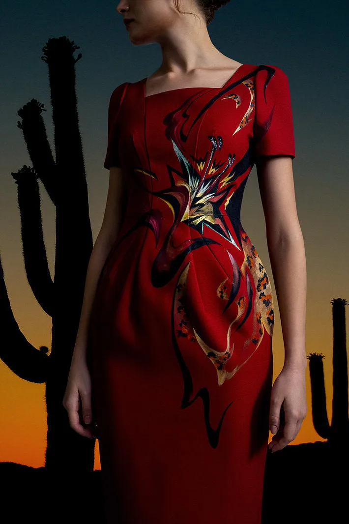 AMARYLLIS X LEOPARD-PAINTED RED MIDI DRESS