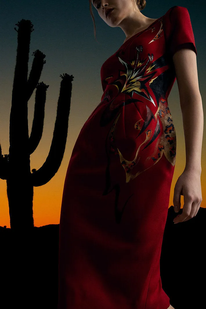 AMARYLLIS X LEOPARD-PAINTED RED MIDI DRESS