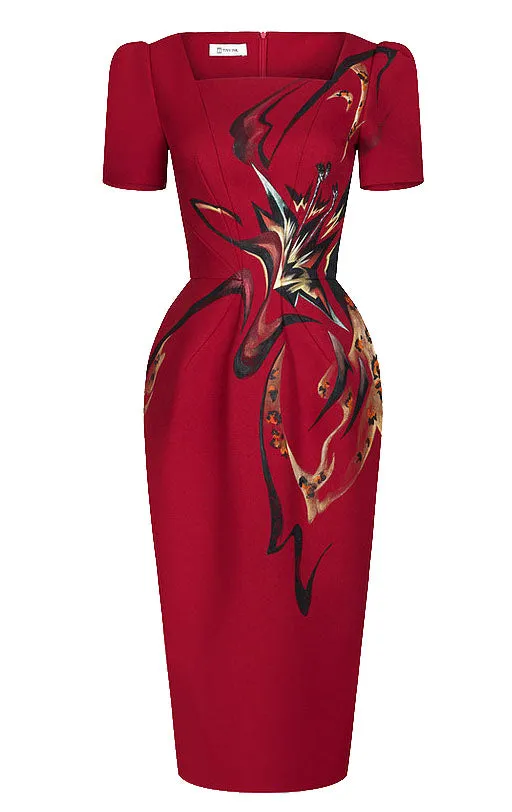 AMARYLLIS X LEOPARD-PAINTED RED MIDI DRESS
