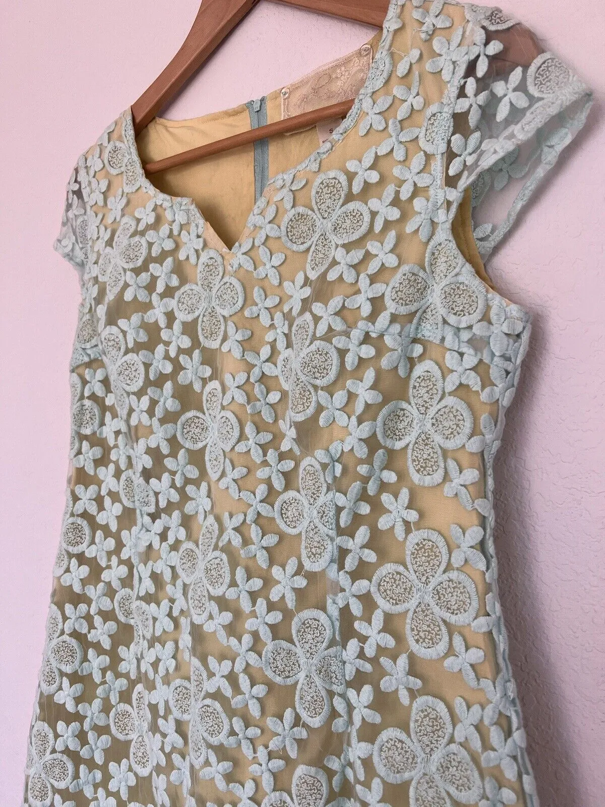 ANTHROPOLOGIE Nick & Mo Floral Blue Dress Sz S Lace Overlay 3/4 Sleeves Coquette