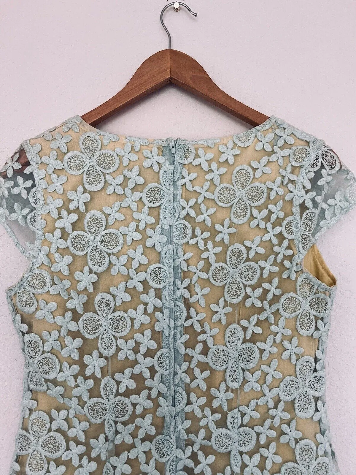 ANTHROPOLOGIE Nick & Mo Floral Blue Dress Sz S Lace Overlay 3/4 Sleeves Coquette