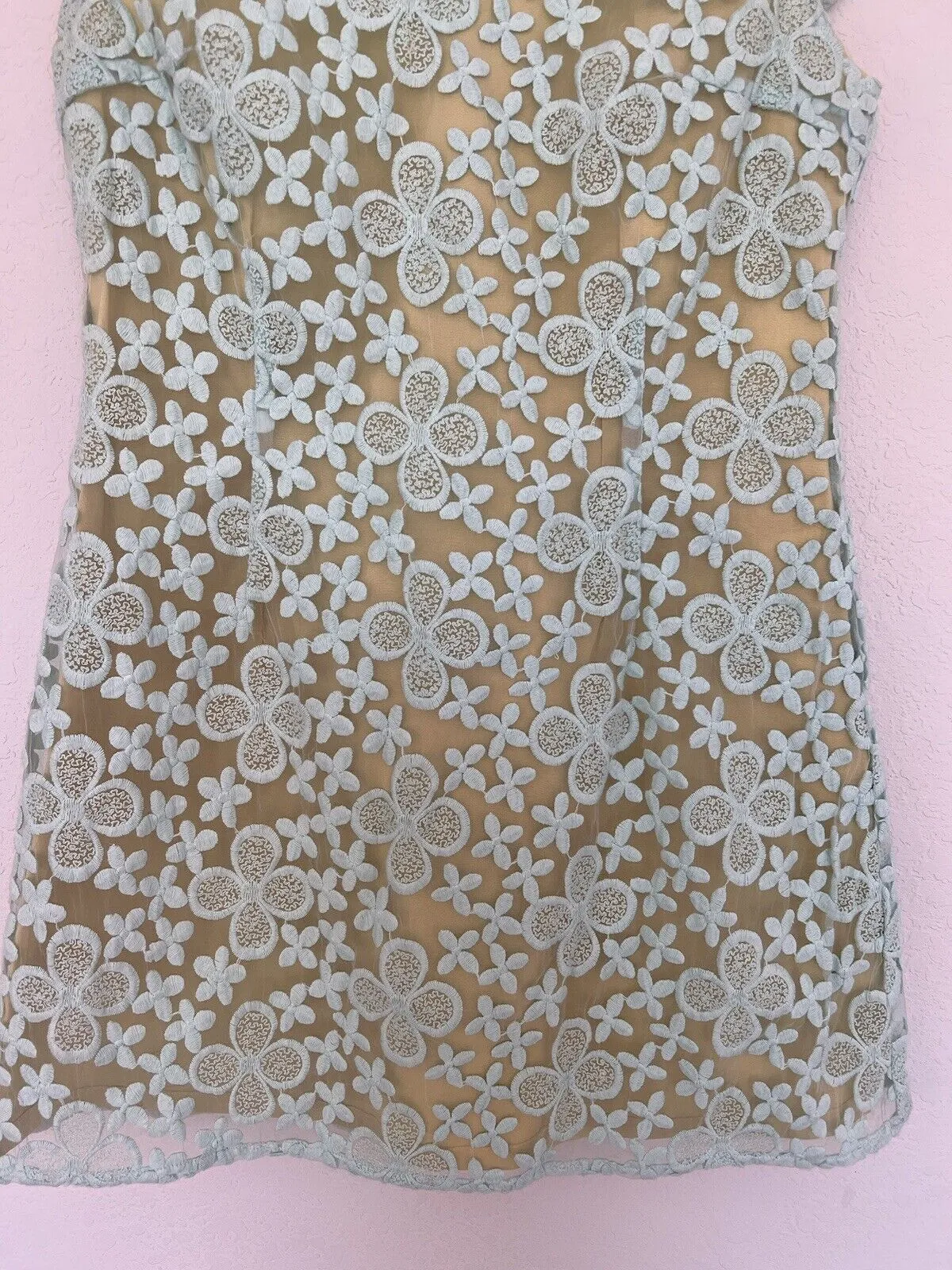 ANTHROPOLOGIE Nick & Mo Floral Blue Dress Sz S Lace Overlay 3/4 Sleeves Coquette