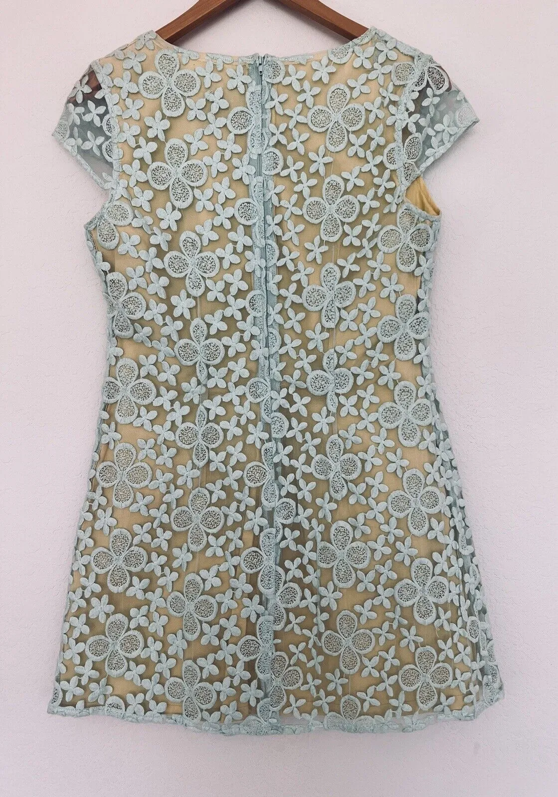 ANTHROPOLOGIE Nick & Mo Floral Blue Dress Sz S Lace Overlay 3/4 Sleeves Coquette