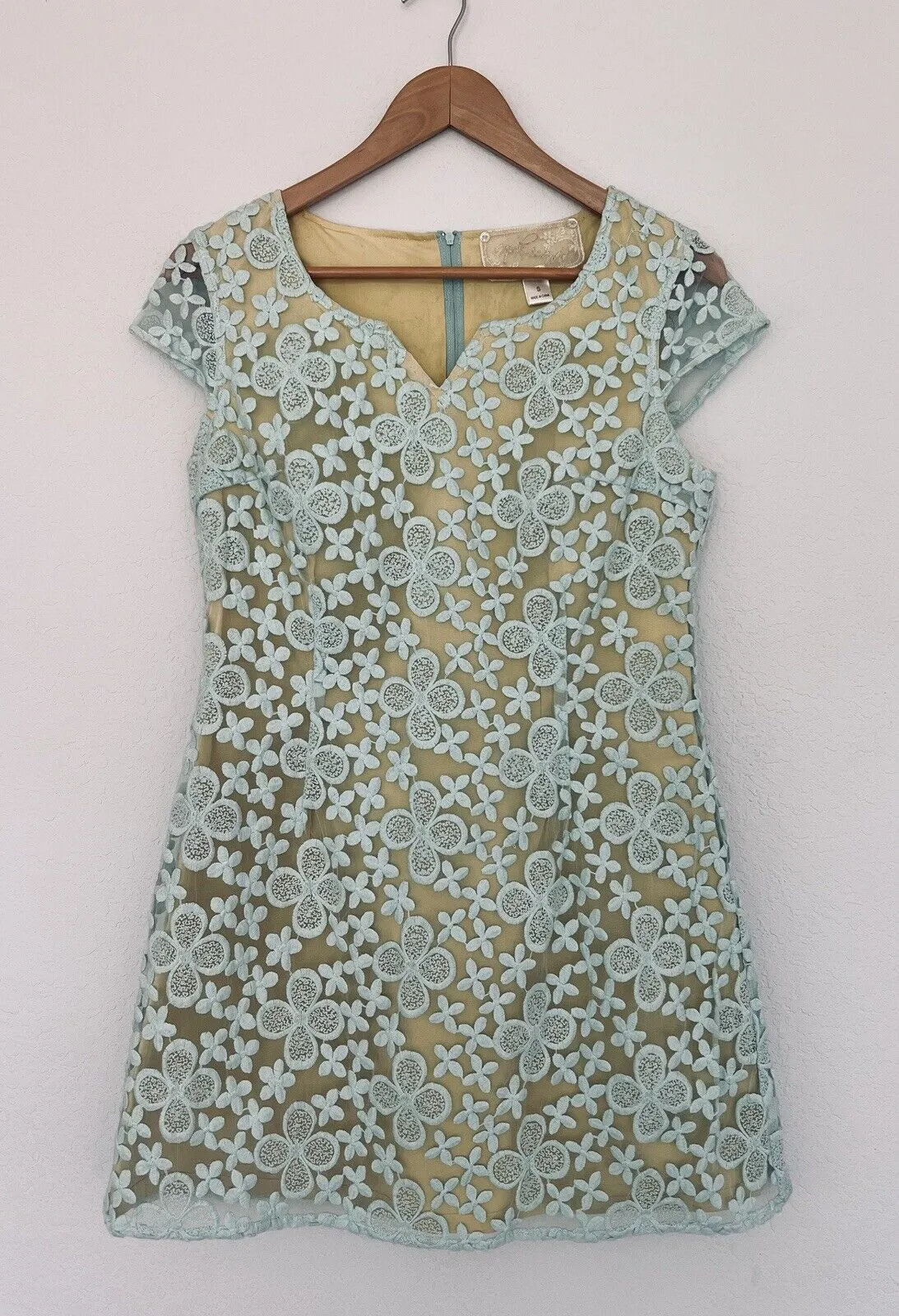 ANTHROPOLOGIE Nick & Mo Floral Blue Dress Sz S Lace Overlay 3/4 Sleeves Coquette