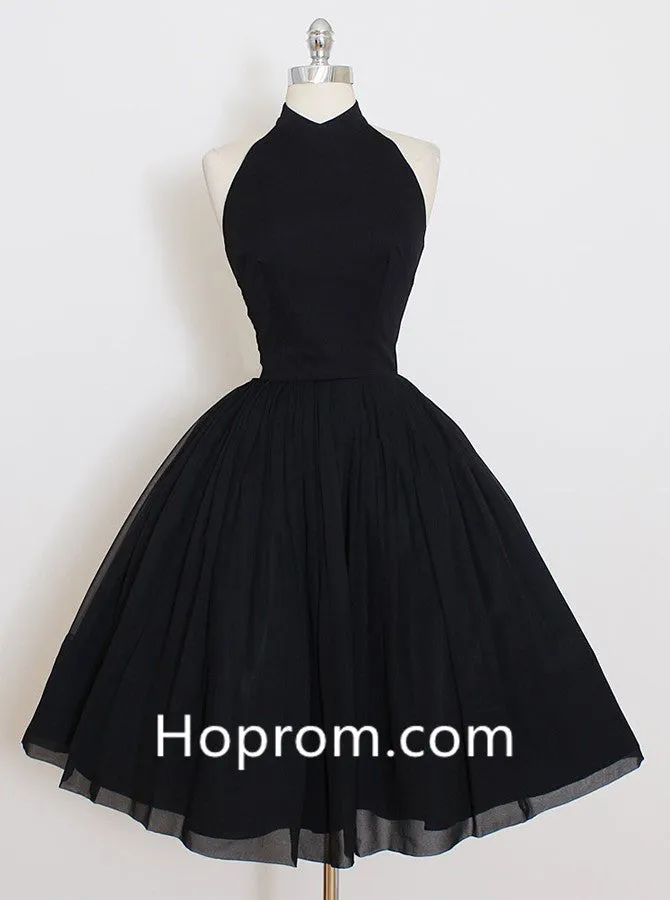 Back Strapless Homecoming Dress, Black Open Halter Homecoming Dress