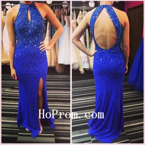 Backless Blue Prom Dresses,Halter Prom Dress,Evening Dress
