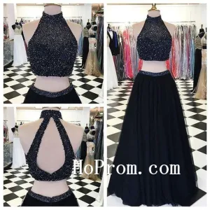 Balck Prom Dresses,High Neck Prom Dress,Long Evening Dress