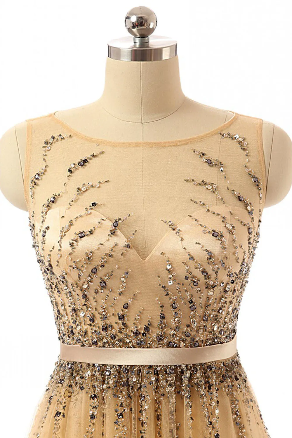 Beaded Gold Long Cap Sleeves Modest Prom Dresses ED0855