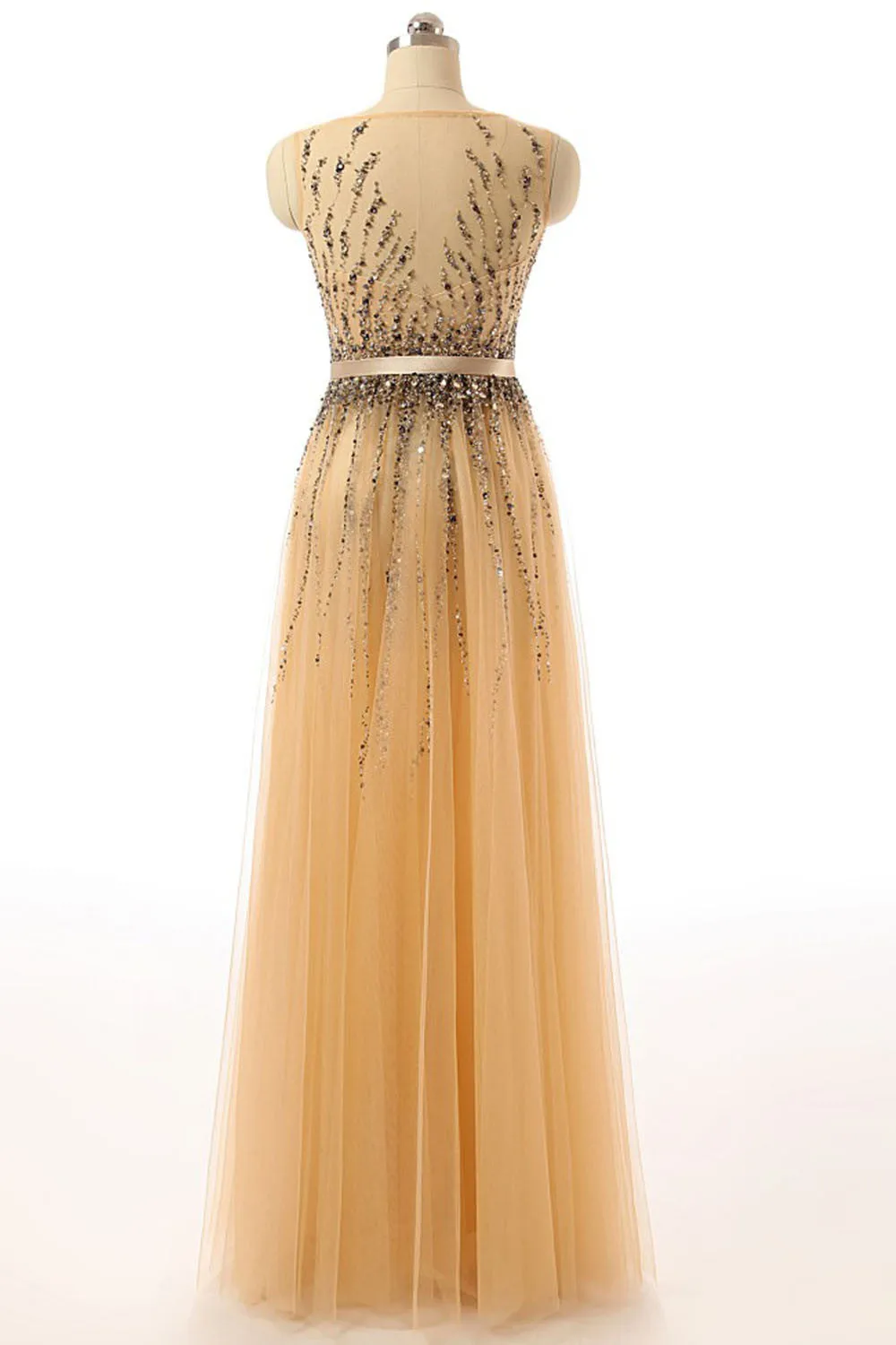 Beaded Gold Long Cap Sleeves Modest Prom Dresses ED0855