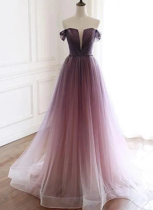 Beautiful Gradient Tulle V-neckline Long Party Gown, Prom Dress