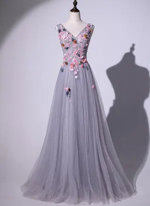 Beautiful Long Grey Prom Dress 2020, V-neckline Eleagnt Party Dress