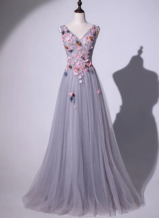 Beautiful Long Grey Prom Dress 2020, V-neckline Eleagnt Party Dress
