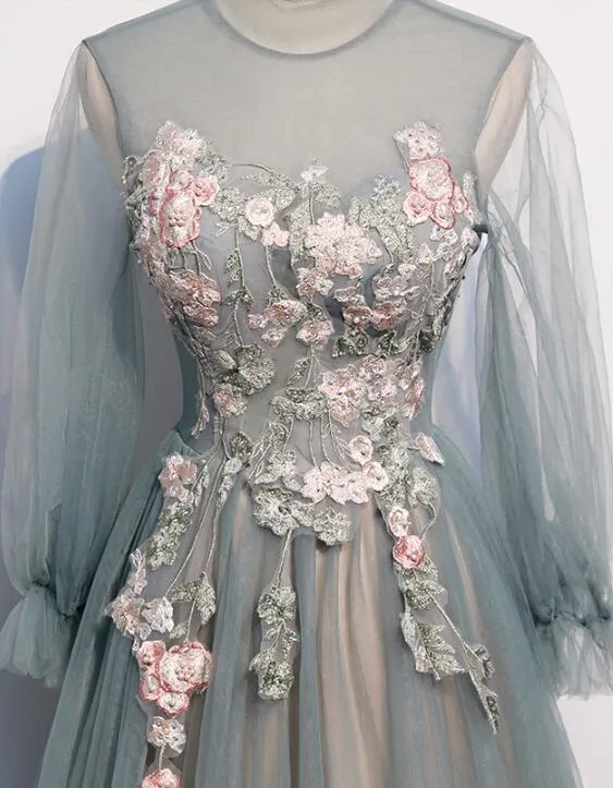 Beautiful Long Sleeves Tulle Party Dress with Lace Applique, A-line Wedding Party Dress