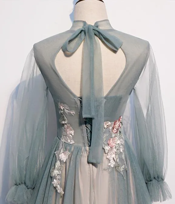 Beautiful Long Sleeves Tulle Party Dress with Lace Applique, A-line Wedding Party Dress