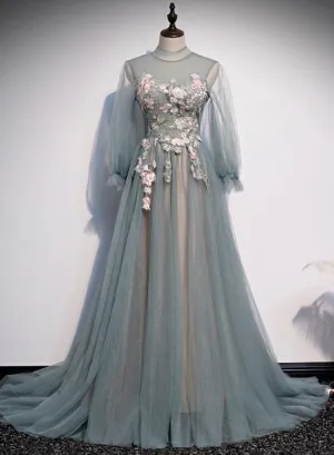 Beautiful Long Sleeves Tulle Party Dress with Lace Applique, A-line Wedding Party Dress