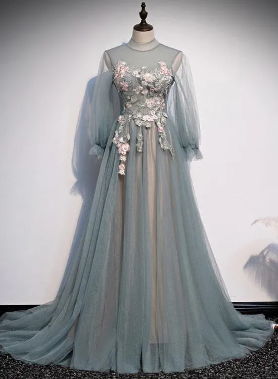 Beautiful Long Sleeves Tulle Party Dress with Lace Applique, A-line Wedding Party Dress