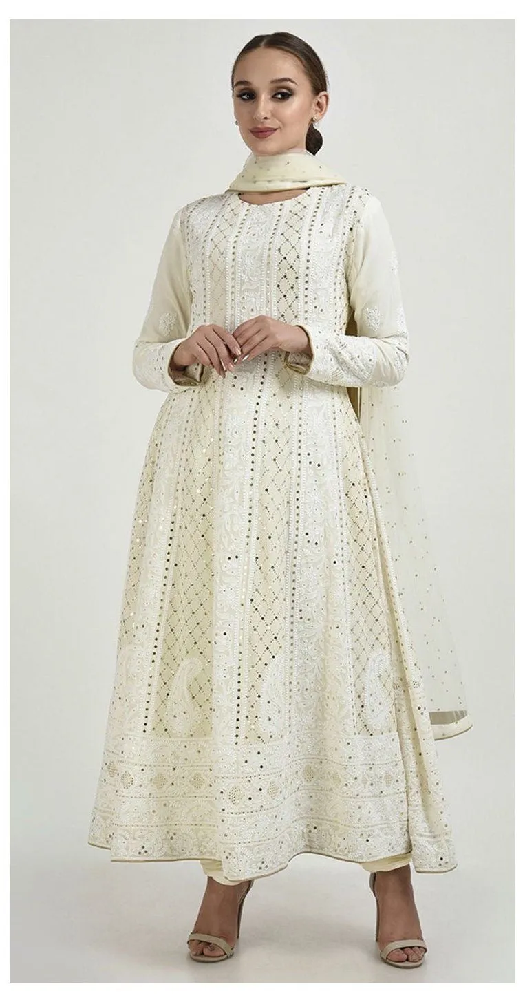 Beautiful Pure Georgette Handwork Chikankari Off-White Anarkali Suit